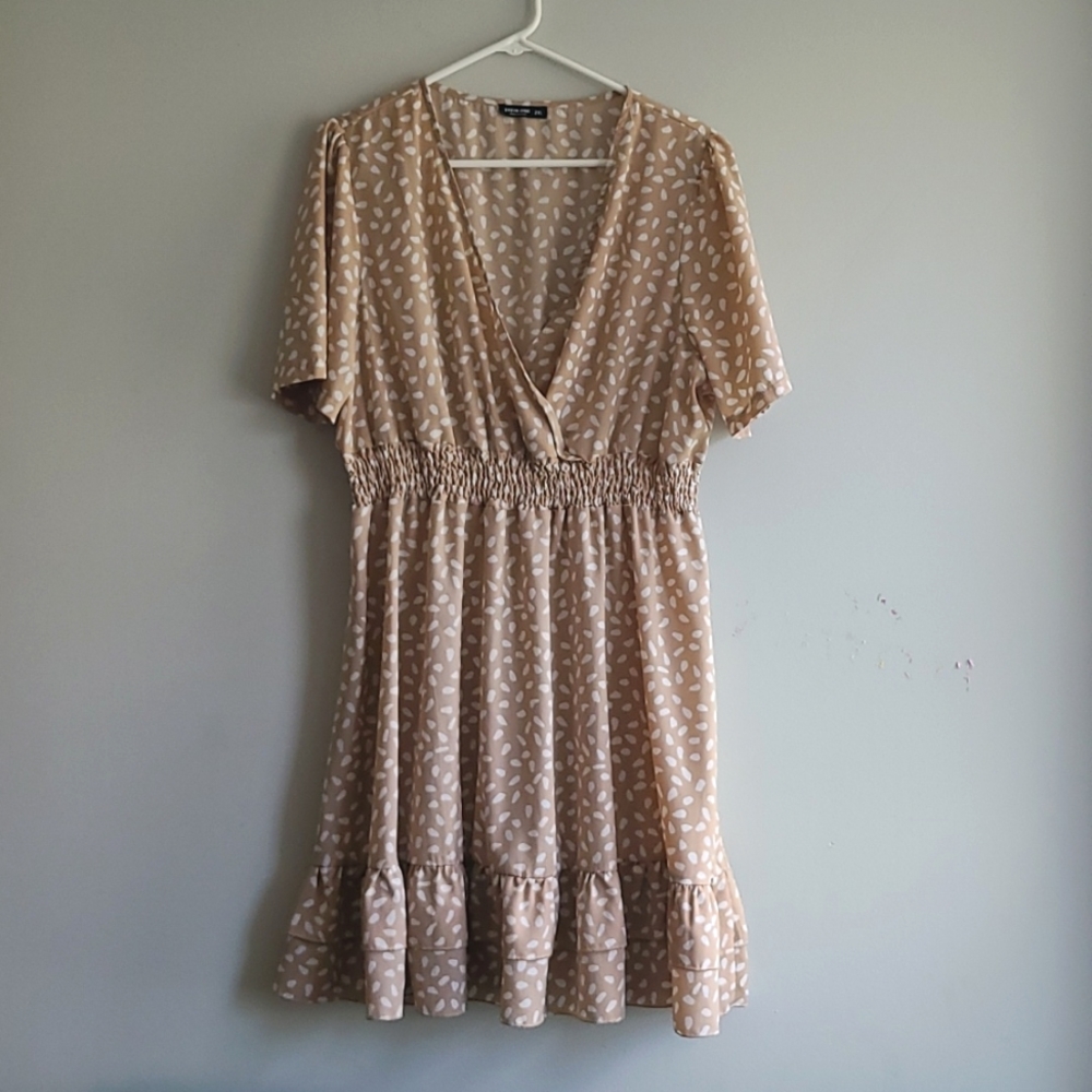 Shein Curve Tan Polka Dot Shirred Waist Ruffle Hem Dress Size 2XL